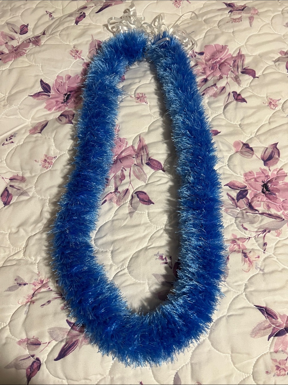LEI. Blue & white eyelash “fur” celebration Lei. Handmade.